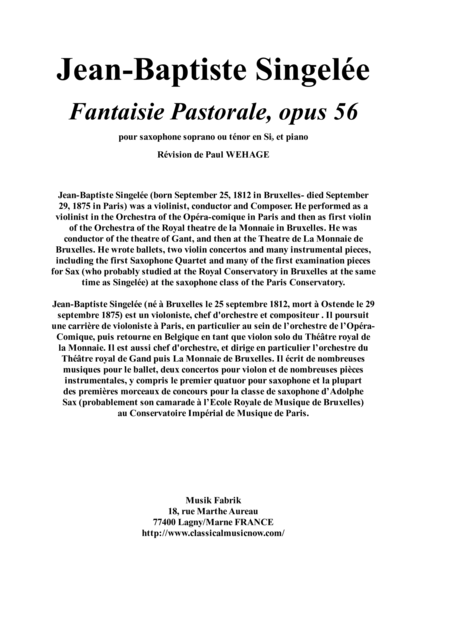 Free Sheet Music Jean Baptiste Singele Fantaisie Pastorale Opus 56 Pour Saxophone Soprano Ou Tnor En Sib Et Piano