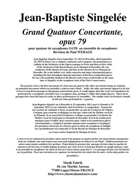 Free Sheet Music Jean Baptiste Singele Grand Quatuor Concertante Opus 79 Pour Quatuor De Saxophones Satb Ou Ensemble De Saxophones