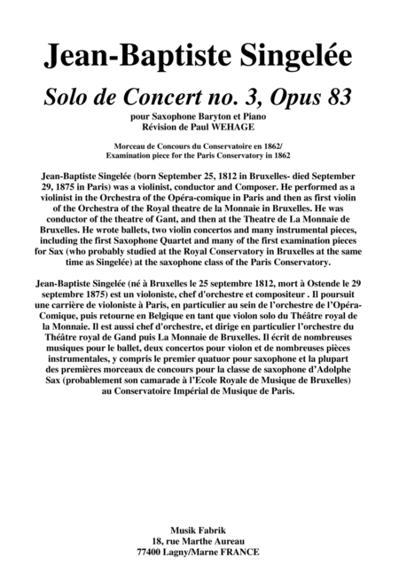 Jean Baptiste Singele Solo De Concert No 3 Opus 83 For Baritone Saxophone And Piano Sheet Music