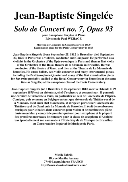 Jean Baptiste Singele Solo De Concert No 7 Opus 93 Pour Saxophone Baryton Et Piano Sheet Music