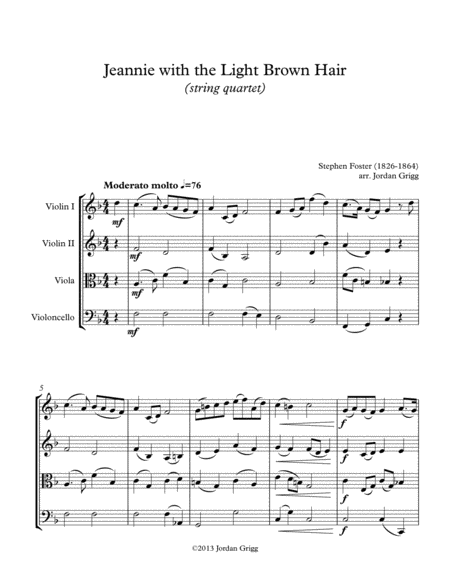 Jeanie With The Light Brown Hair String Quartet Sheet Music