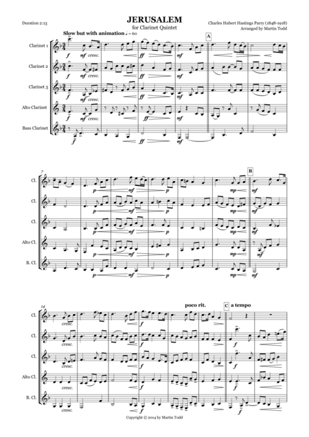 Jerusalem For Clarinet Quintet Sheet Music