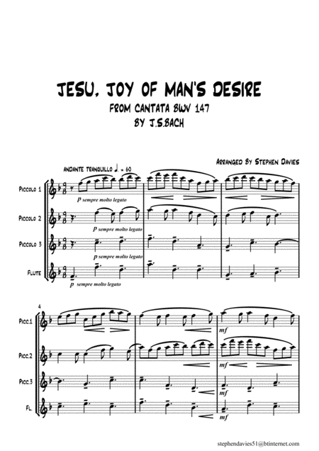 Jesu Joy Of Mans Desire From Cantata Bwv147 By Js Bach For 3 Piccolos Flute Sheet Music