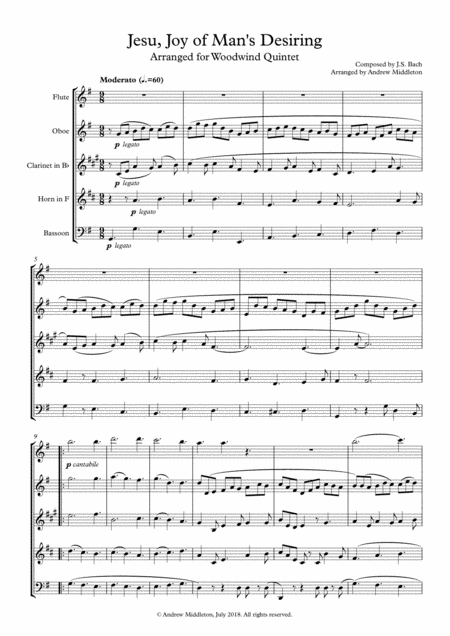 Jesu Joy Of Mans Desiring Arranged For Woodwind Quintet Sheet Music