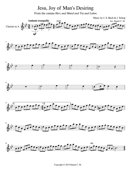 Free Sheet Music Jesu Joy Of Mans Desiring For A Clarinet And Piano