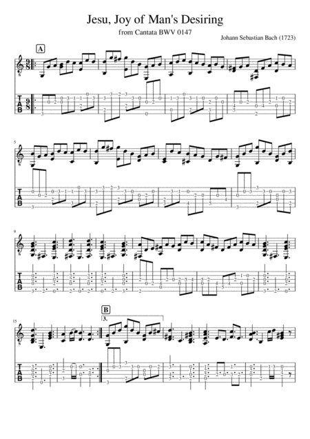 Jesu Joy Of Mans Desiring For Fingerstyle Guitar With Tabulature And Notation Sheet Music