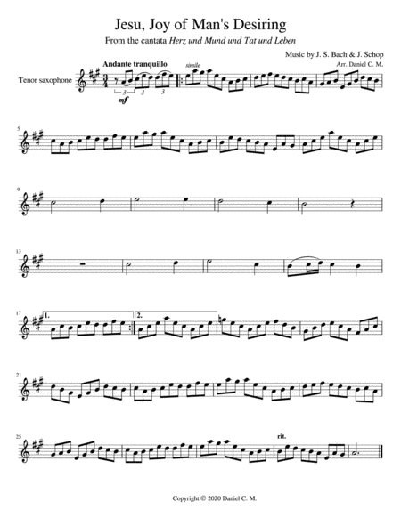 Jesu Joy Of Mans Desiring For Tenor Sax And Piano Sheet Music