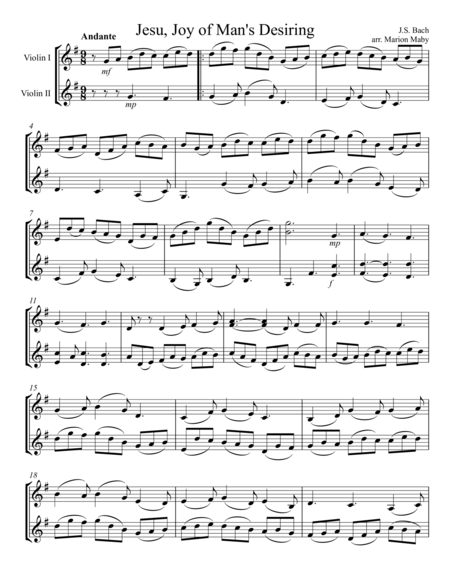 Free Sheet Music Jesu Joy Of Mans Desiring For Violin Duet