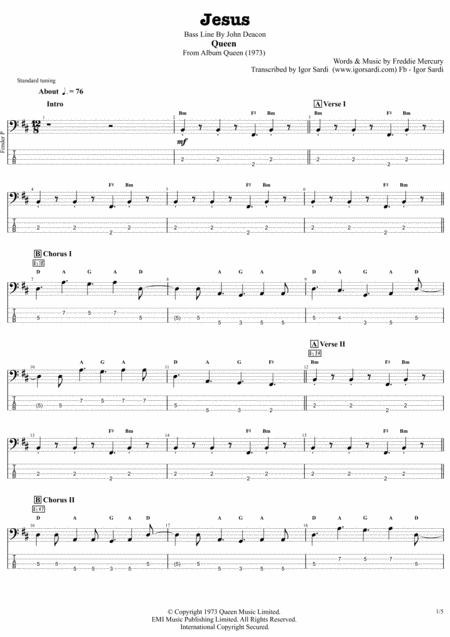 Jesus Queen John Deacon Complete And Accurate Bass Transcription Whit Tab Sheet Music