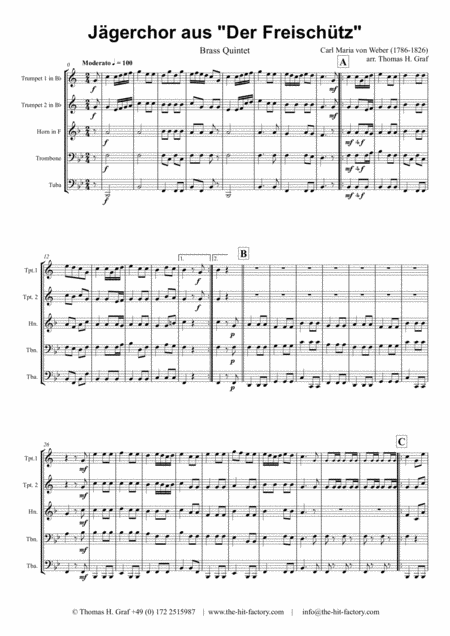 Free Sheet Music Jgerchor From Der Freischtz Brass Quintet