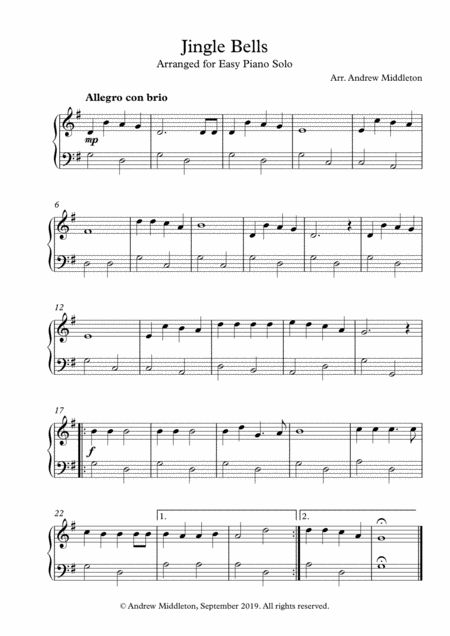 Jingle Bells Arranged For Easy Piano Solo Sheet Music