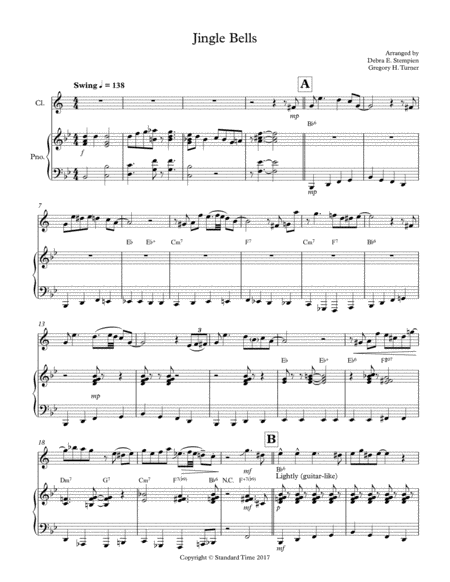 Jingle Bells For Clarinet Or Soprano Sax Solo With Piano Accompaniment Up Tempo Swing Sheet Music