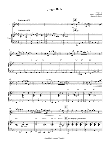 Jingle Bells For Flute Solo With Piano Accompaniment Up Tempo Swing Sheet Music