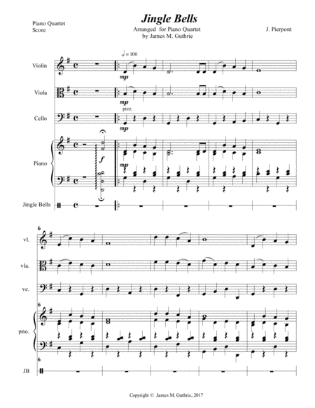 Jingle Bells For Piano Quartet Sheet Music