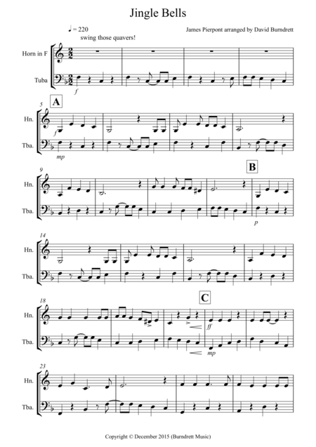 Jingle Bells Jazzy Style For French Horn And Tuba Duet Sheet Music