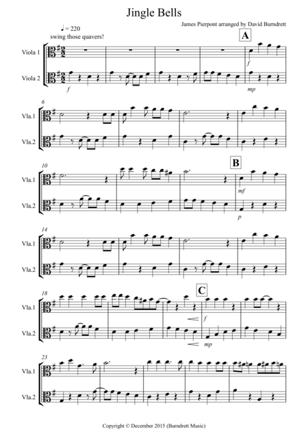 Jingle Bells Jazzy Style For Viola Duet Sheet Music