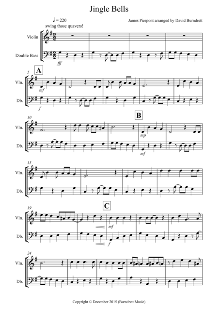 Free Sheet Music Jingle Bells Jazzy Style For Violin And Double Bass Duet