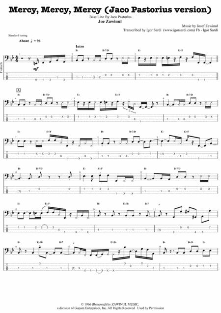 Joe Zawinul Jaco Pastorius Version Mercy Mercy Mercy Live Complete And Accurate Bass Transcription Whit Tab Sheet Music