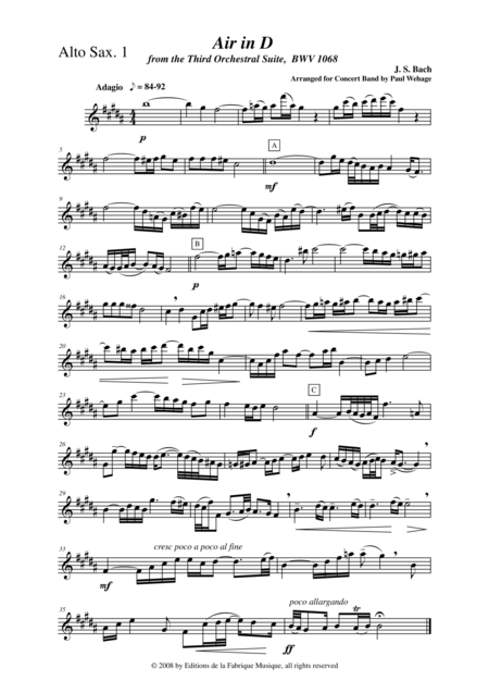 Free Sheet Music Johann Sebastian Bach Wehage Air In D From The Third Orchestral Suite Bwv 1068 Arranged For Concert Band Alto Saxophone 1 Part