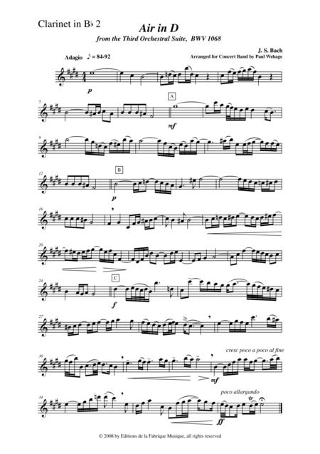 Johann Sebastian Bach Wehage Air In D From The Third Orchestral Suite Bwv 1068 Arranged For Concert Band Bb Clarinet Ii Part Sheet Music