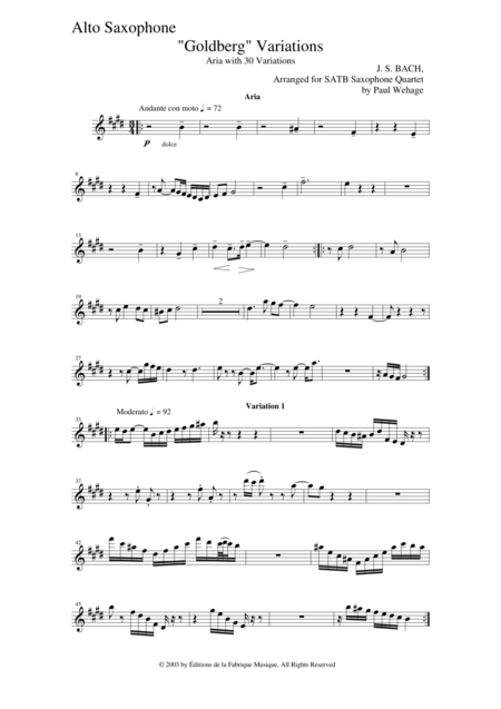 Johann Sebastian Bach Wehage Goldberg Variations Bwv 988 Arranged For Satb Saxophone Quartet Alto Saxophone Part Sheet Music