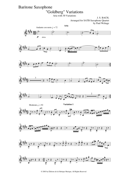 Johann Sebastian Bach Wehage Goldberg Variations Bwv 988 Arranged For Satb Saxophone Quartet Baritone Saxophone Part Sheet Music