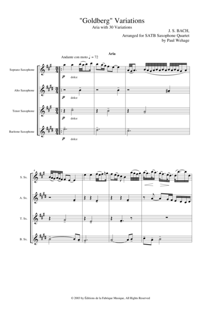 Johann Sebastian Bach Wehage Goldberg Variations Bwv 988 Arranged For Satb Saxophone Quartet Score Only Sheet Music