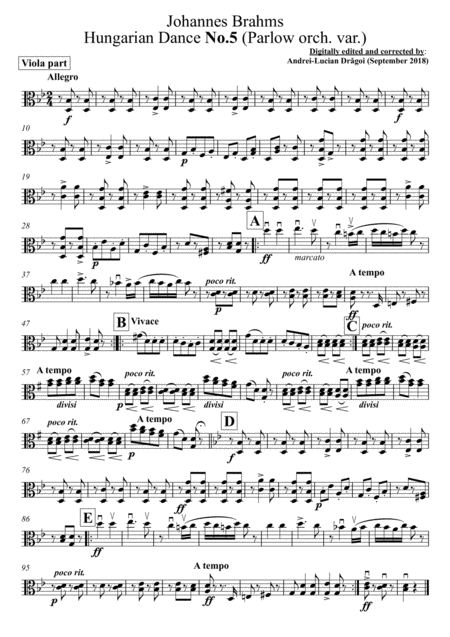 Johannes Brahms Hungarian Dance No 5 Parlow Orch Var C Clef Viola Ccv And Arr For G Clef Viola Gcv Sheet Music