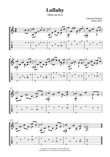 Free Sheet Music Johannes Brahms Lullaby Guitar