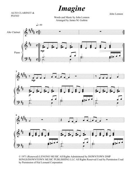 Free Sheet Music John Lennon Imagine For Alto Clarinet Piano