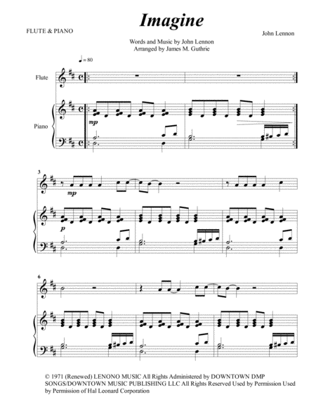 John Lennon Imagine For Flute Piano Sheet Music