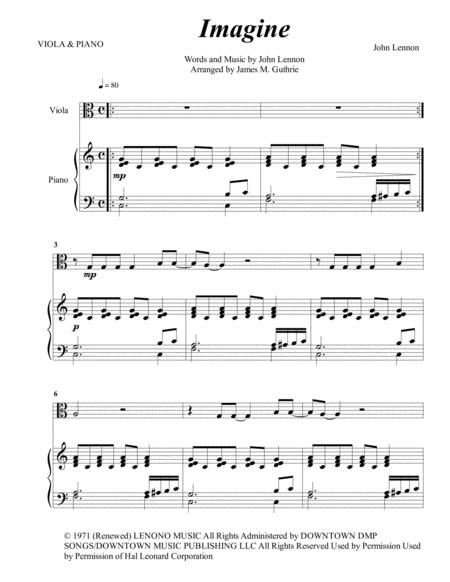 John Lennon Imagine For Viola Piano Sheet Music