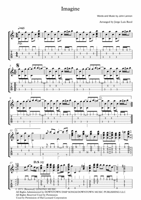 John Lennons Imagine Arrangement For Guitar Solo Sheet Music