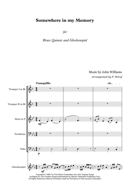 John Williams Somewhere In My Memory From The Motion Picture Home Alone For Brass Quintet And Glockenspiel Sheet Music