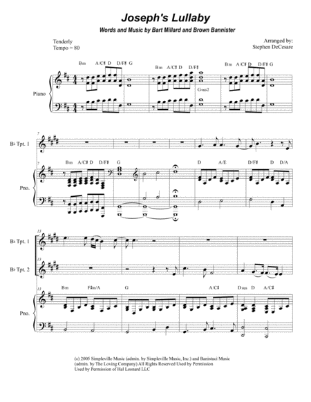 Free Sheet Music Josephs Lullaby Duet For Bb Trumpet