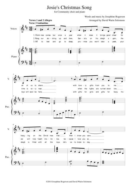 Free Sheet Music Josies Christmas Song For Unison Choir And Piano