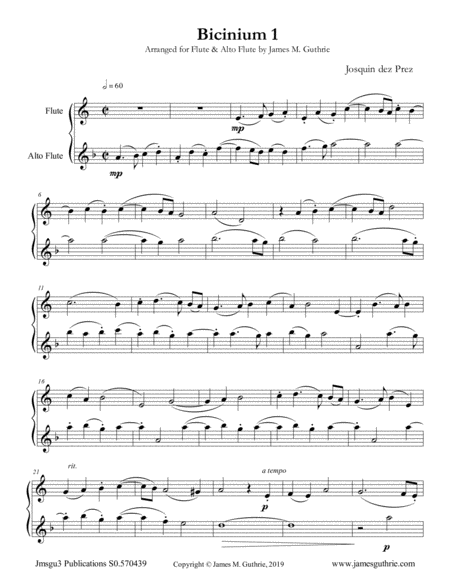 Free Sheet Music Josquin Bicinium 1 For Flute Alto Flute