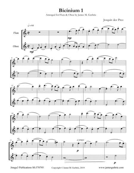 Free Sheet Music Josquin Bicinium 1 For Flute Oboe