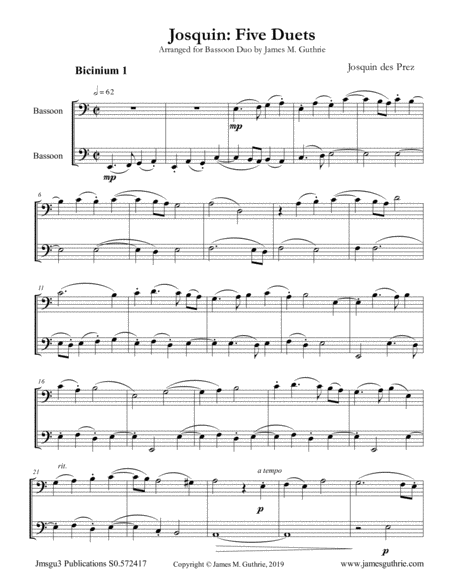 Free Sheet Music Josquin Five Duets For Bassoon Duo