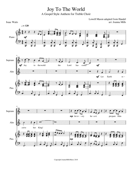 Free Sheet Music Joy To The World A Gospel Style Anthem For Treble Choir