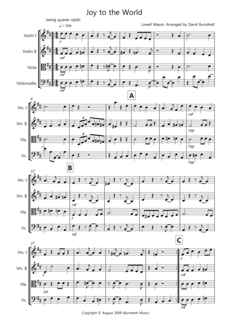 Free Sheet Music Joy To The World For String Quartet