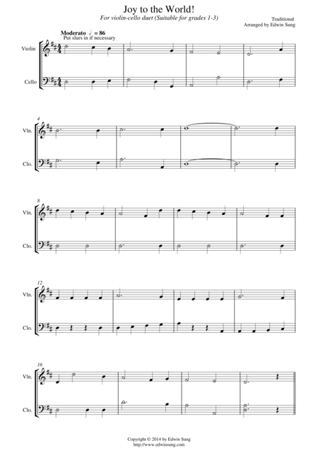 Joy To The World For Violin Cello Duet Suitable For Grades 1 3 Sheet Music