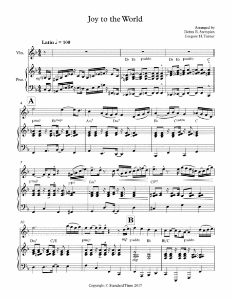 Joy To The World For Violin Solo With Piano Accompaniment Latin Jazz Sheet Music