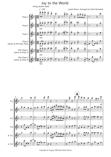 Joy To The World Jazzy Style For Flute Quartet Sheet Music