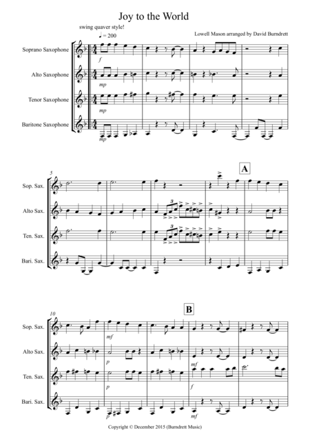 Joy To The World Jazzy Style For Saxophone Quartet Sheet Music