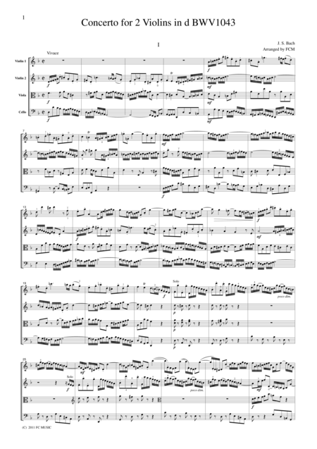Free Sheet Music Js Bach Concerto For 2 Violins In D Bwv1043 For String Quartet Cb224