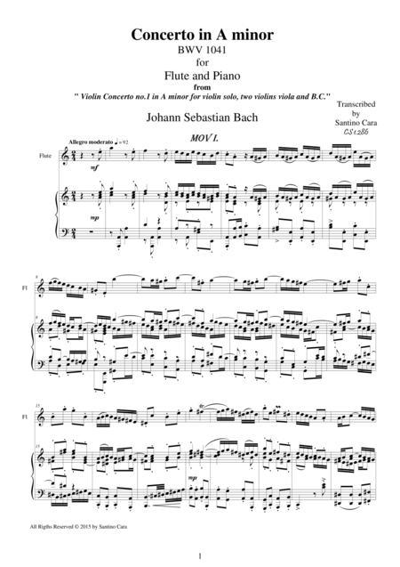 Free Sheet Music Js Bach Concerto In A Minor Bwv 1041 Version For Flute And Piano