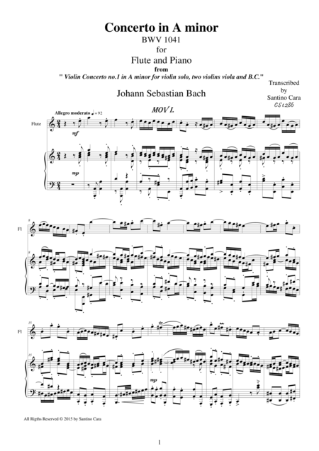 Js Bach Concerto In A Minor Bwv 1041 Version For Flute And Piano Sheet Music