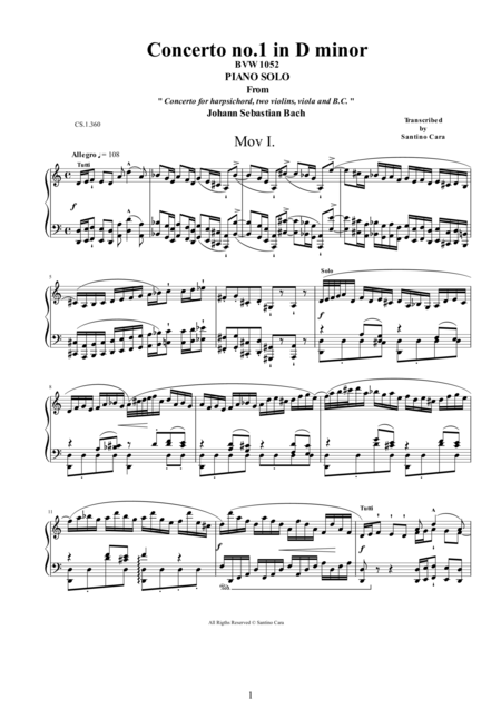 Free Sheet Music Js Bach Concerto No 1 In D Minor Bwv1052 1 Allegro Piano Version