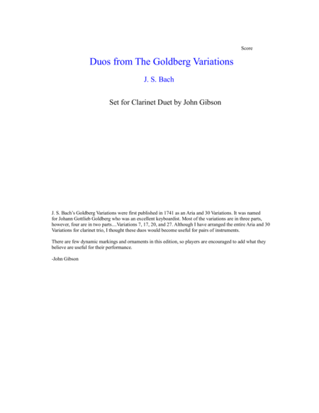 Free Sheet Music Js Bach Duos From The Goldberg Variations Set For Clarinet Duet